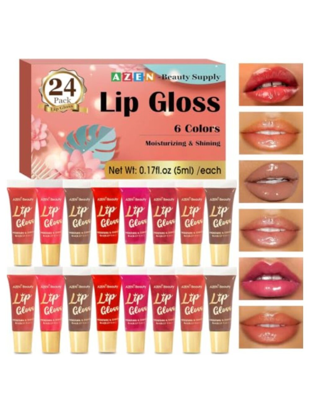 24 Pack Lip Gloss Set Vitamin E Coconut Oil Moisturizing High Shine Lip Oil